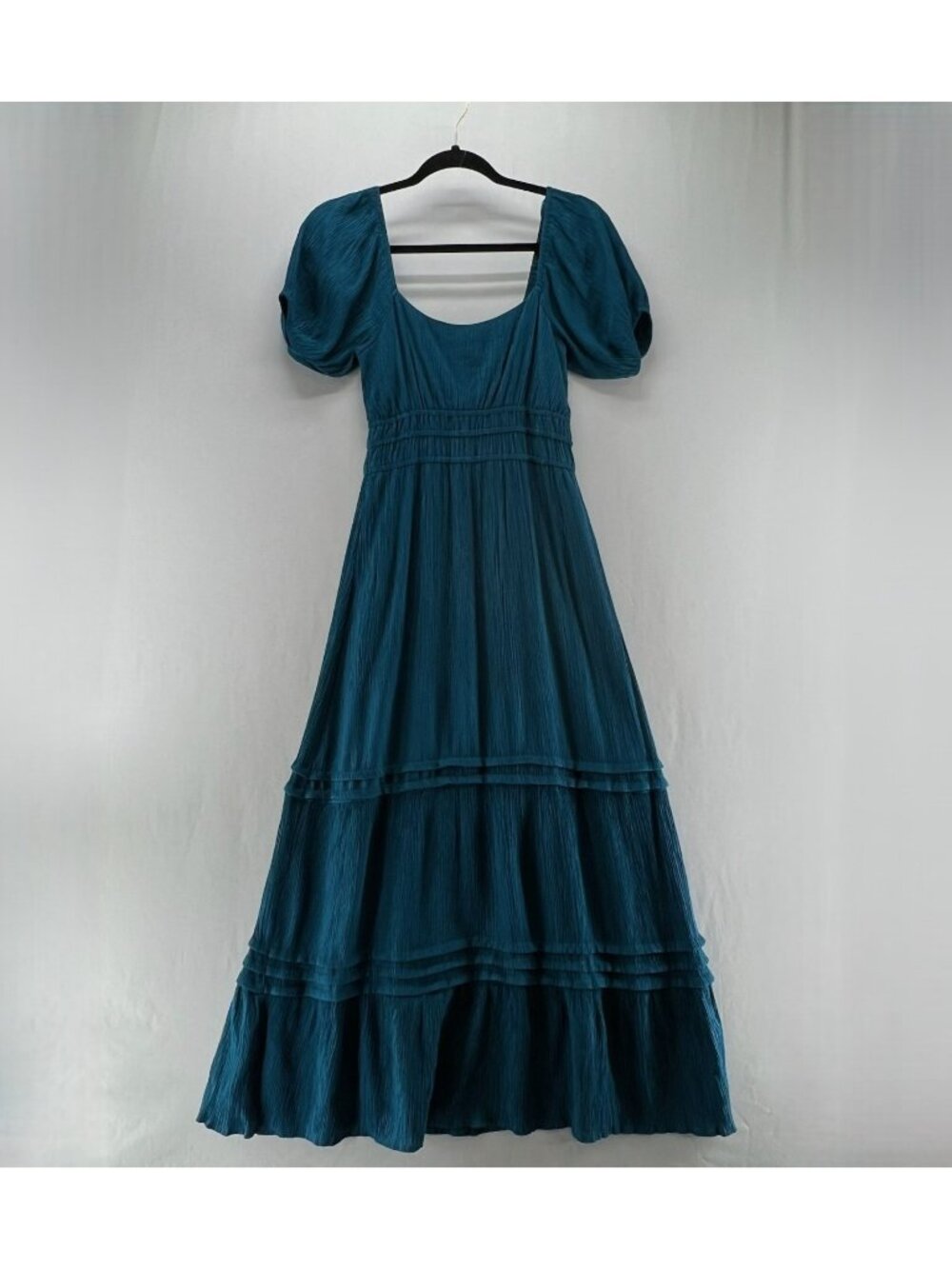 Max + Ash Crinkle Gauze Tiered Maxi Dress Womens S Smocked Puff Sleeve Teal Blue
